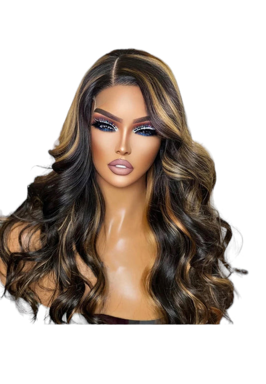 WIG BODY WAVE (26 inches ) Colored Highlight 180% Density Brazilian  Human Hair 13x4 HD Lace Frontal Wig